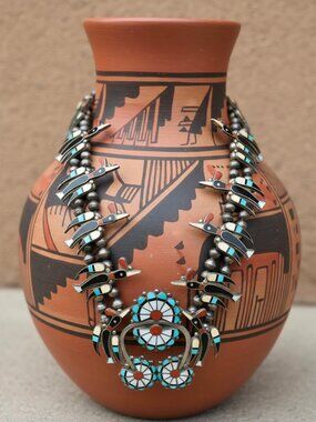 Amazing Vintage 1950's Zuni Water Bird Squash Blossom Necklace by Fred Bowannie
